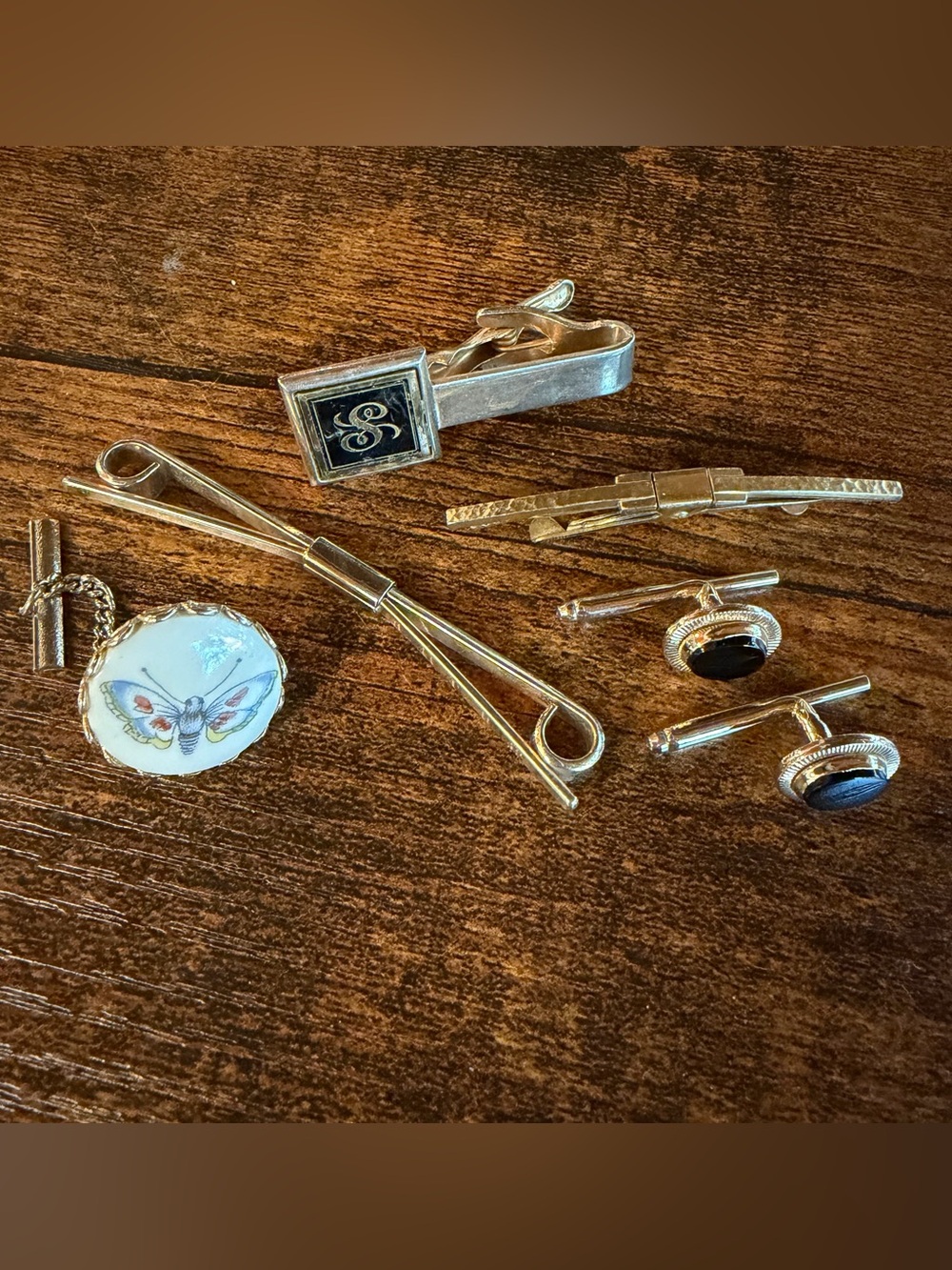 Unique Gold Tone Tie Bars & Cufflinks Set - Black Enamel Accents